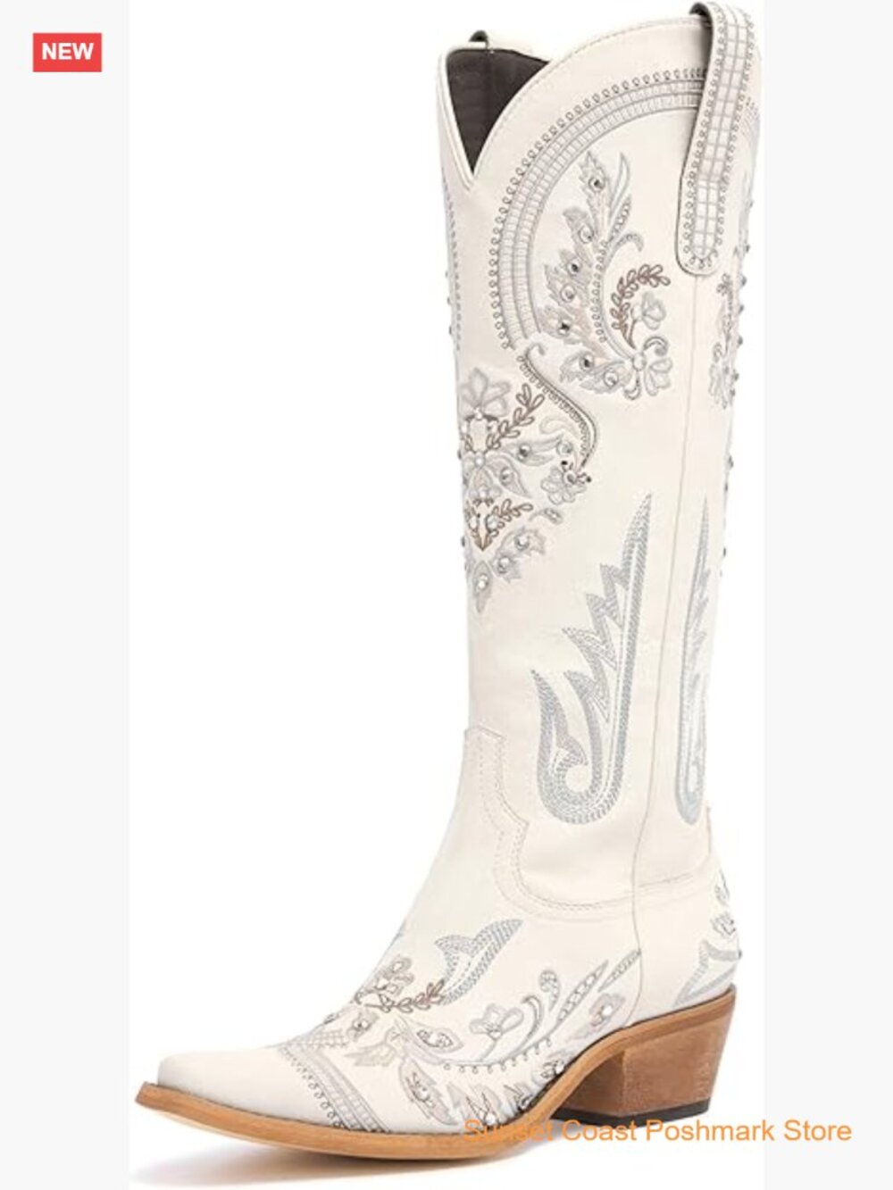 Embroidered Rhinestone Cowboy Boots Knee High Cowgirl Pointed Toe Chunky Heel